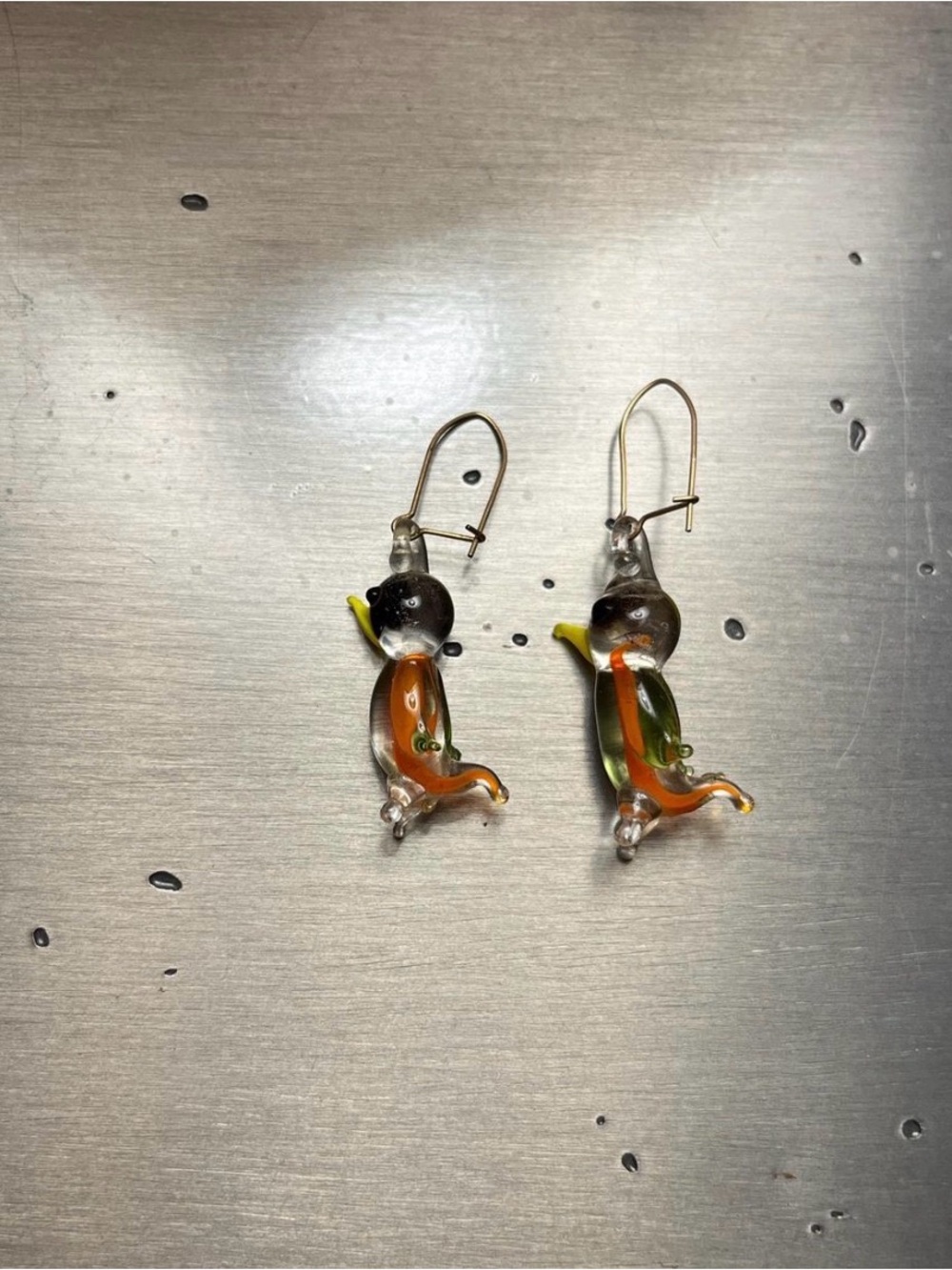 Glass Duck Earrings — Orange, Green, Yellow